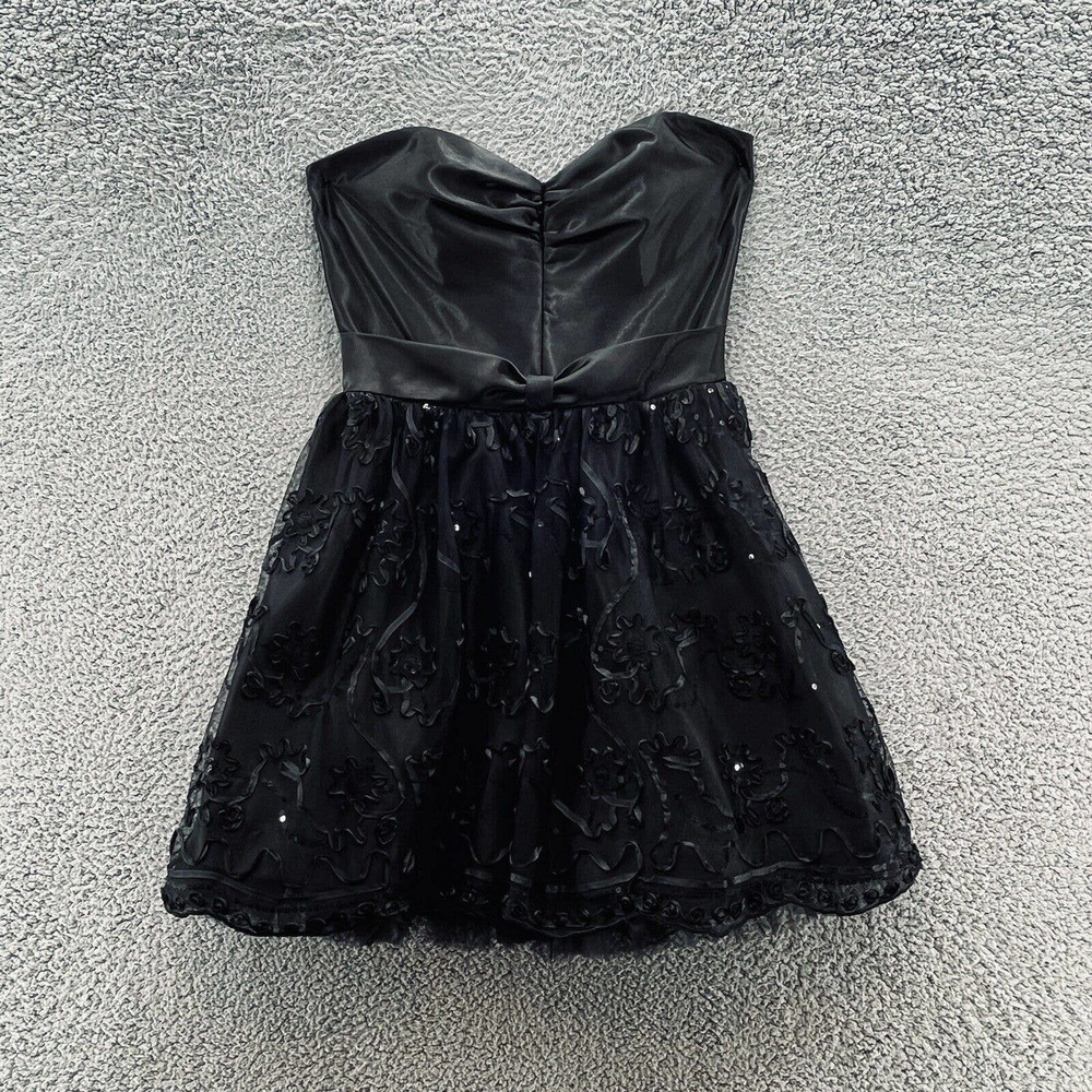 Gunne Sax Dress Black Fitted Satin Corset Strapless Puff Goth AboveKnee